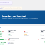 Panel de seguridad de SeenSecure con score de seguridad, firewall y actividad de tráfico