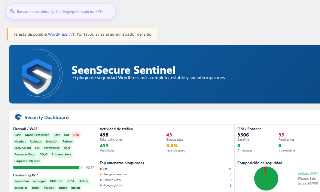 Panel de seguridad de SeenSecure mostrando las 5 capas de Anti-Bot activas