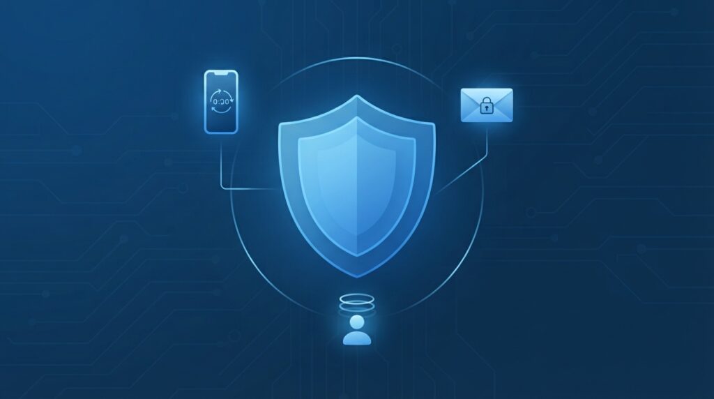 Escudo de seguridad conectado a un móvil con código y un email, representando los métodos de 2FA de SeenSecure