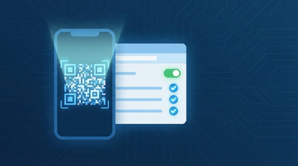 Móvil escaneando un código QR junto a un panel de administración con un interruptor activado