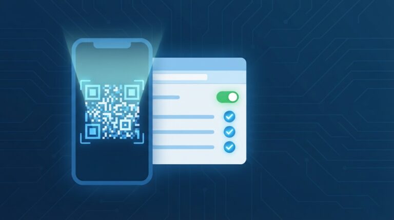 Móvil escaneando un código QR junto a un panel de administración con un interruptor activado