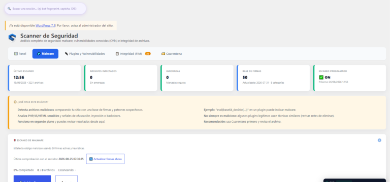 Escaner de seguridad de SeenSecure mostrando cero archivos infectados y la base de firmas actualizada