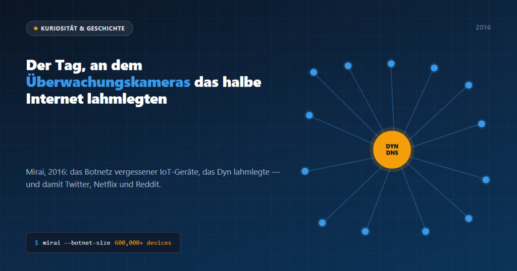 Kopfbild: das Mirai-Botnetz, 2016, Überwachungskameras legen das Internet lahm