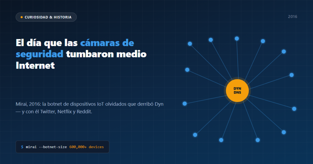 Cabecera: la botnet Mirai, 2016, cámaras de seguridad tumbando Internet