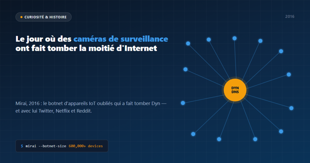 Image d'en-tête : le botnet Mirai, 2016, des caméras de surveillance qui font tomber Internet